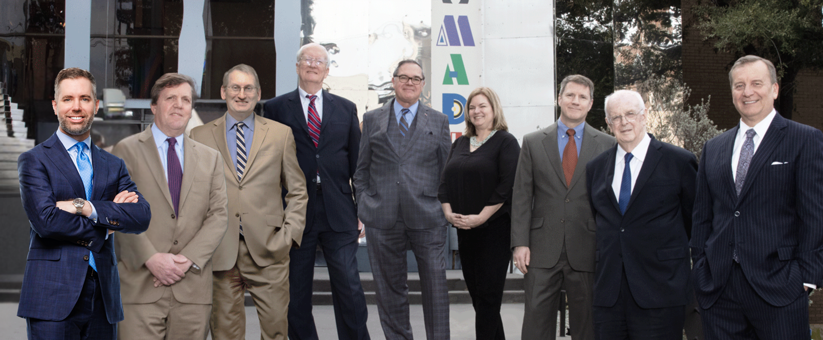 Our Attorneys L to R: Daryl Sinkule, Bob Goodman, Eric Roberson, Bob Thornton, Clark Will, Bess Masterson, John Crouch, Bill Masterson, Ted Anderson